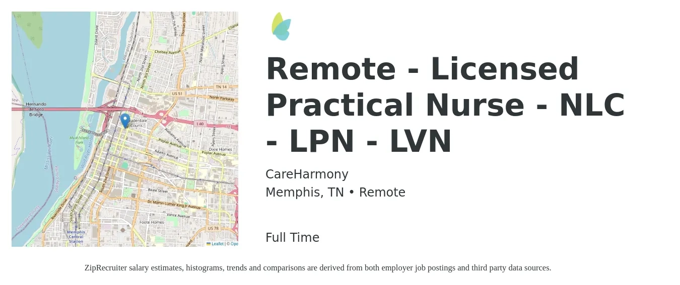 CareHarmony job posting for a Remote - Licensed Practical Nurse - NLC - LPN - LVN in Memphis, TN with a salary of $21 to $28 Hourly with a map of Memphis location.