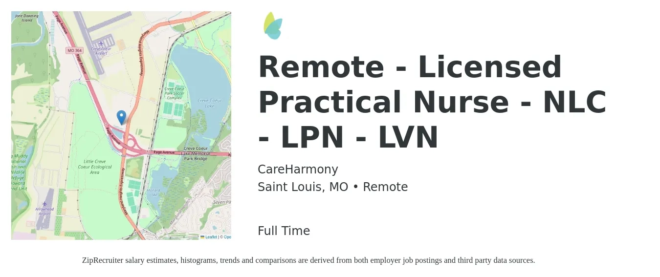 CareHarmony job posting for a Remote - Licensed Practical Nurse - NLC - LPN - LVN in Saint Louis, MO with a salary of $21 to $28 Hourly with a map of Saint Louis location.