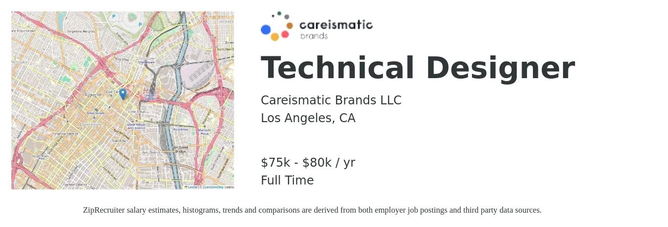 Careismatic Brands LLC job posting for a Technical Designer in Los Angeles, CA with a salary of $75,000 to $80,000 Yearly with a map of Los Angeles location.