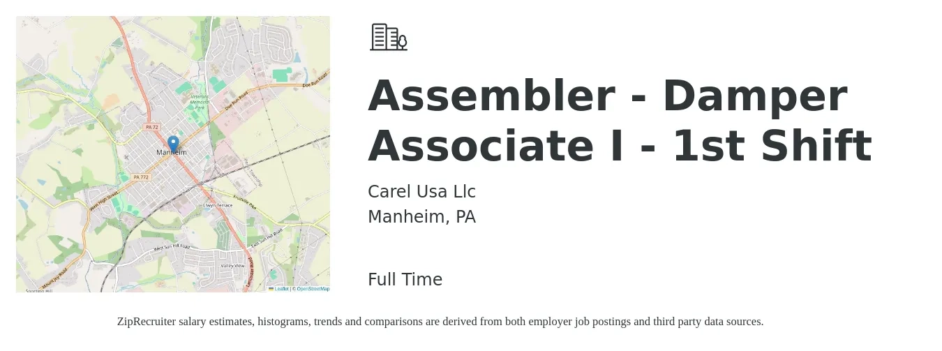 Carel Usa Llc job posting for a Assembler - Damper Associate I - 1st Shift in Manheim, PA with a salary of $14 to $16 Hourly with a map of Manheim location.