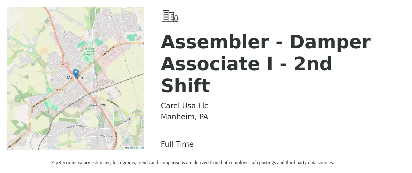 Carel Usa Llc job posting for a Assembler - Damper Associate I - 2nd Shift in Manheim, PA with a salary of $14 to $16 Hourly with a map of Manheim location.