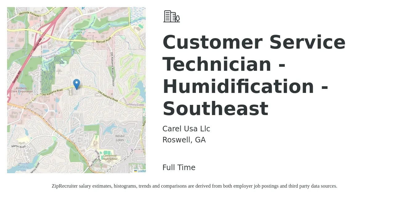 Carel Usa Llc job posting for a Customer Service Technician - Humidification - Southeast in Roswell, GA with a salary of $20 to $29 Hourly with a map of Roswell location.
