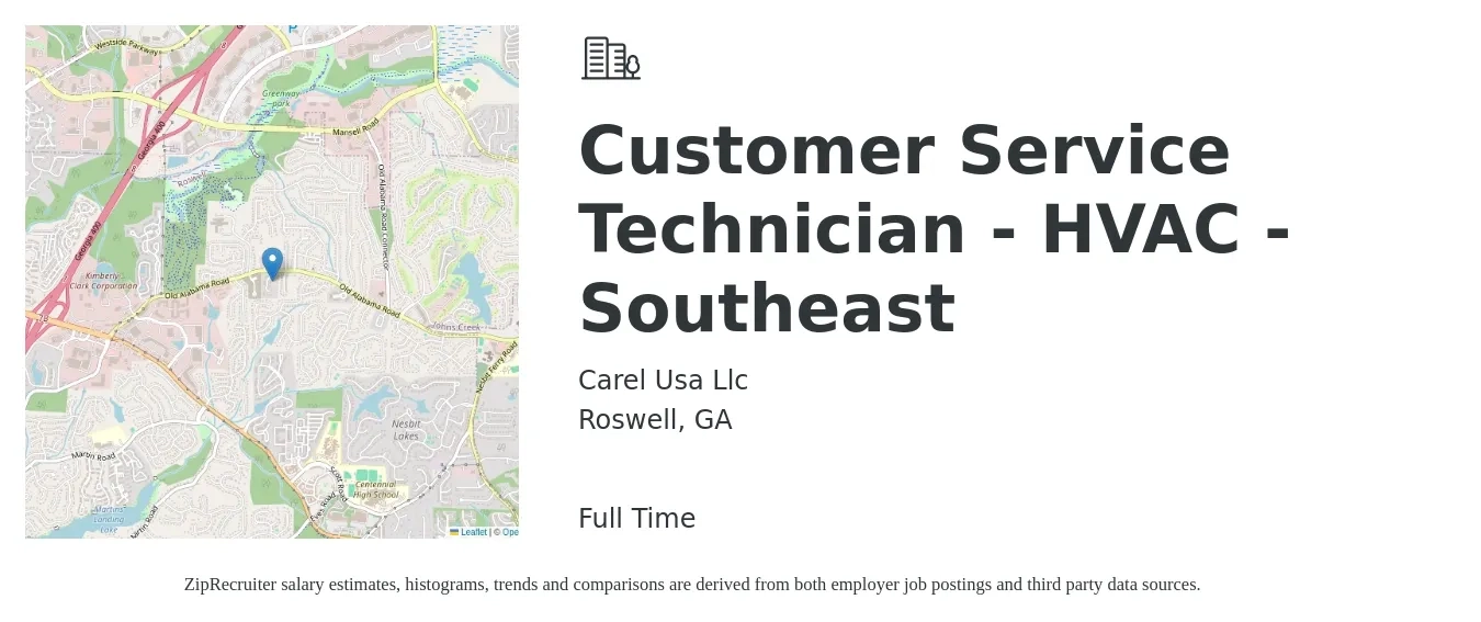 Carel Usa Llc job posting for a Customer Service Technician - HVAC - Southeast in Roswell, GA with a salary of $24 to $33 Hourly with a map of Roswell location.