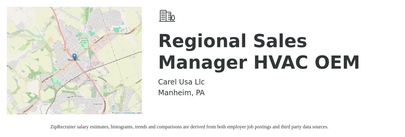 Carel Usa Llc job posting for a Regional Sales Manager HVAC OEM in Manheim, PA with a salary of $64,000 to $100,000 Yearly with a map of Manheim location.