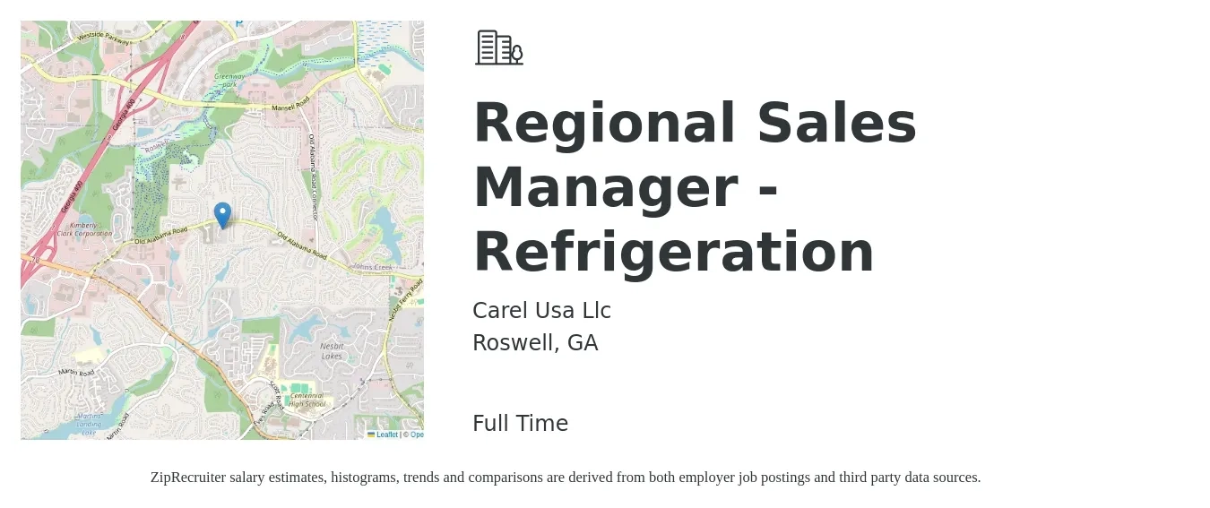 Carel Usa Llc job posting for a Regional Sales Manager - Refrigeration in Roswell, GA with a salary of $67,700 to $105,800 Yearly with a map of Roswell location.