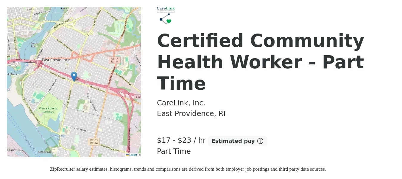 CareLink job posting for a Certified Community Health Worker - Part Time in East Providence, RI with a salary of $18 to $24 Hourly with a map of East Providence location.