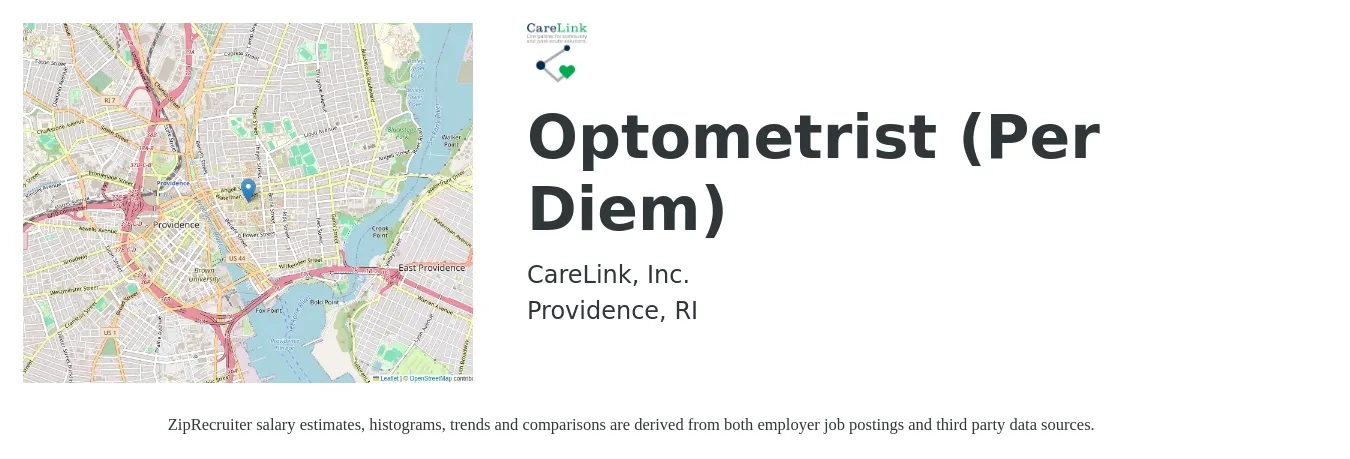 CareLink, Inc. job posting for a Optometrist (Per Diem) in Providence, RI with a salary of $99,000 to $147,500 Yearly with a map of Providence location.