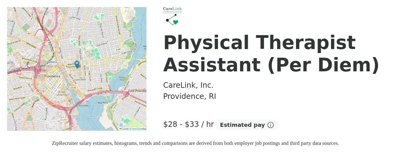 CareLink, Inc. job posting for a Physical Therapist Assistant (Per Diem) in Providence, RI with a salary of $30 to $35 Hourly with a map of Providence location.