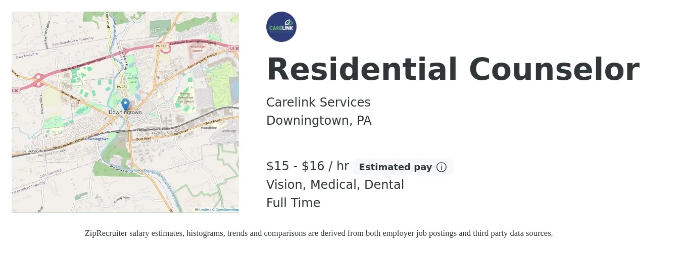 Carelink Services job posting for a Residential Counselor in Downingtown, PA with a salary of $16 to $17 Hourly and benefits including retirement, vision, dental, life_insurance, and medical with a map of Downingtown location.