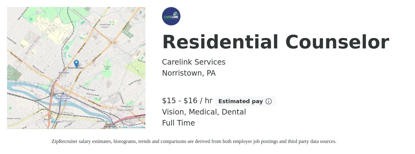 Carelink Services job posting for a Residential Counselor in Norristown, PA with a salary of $16 to $17 Hourly and benefits including retirement, vision, dental, life_insurance, and medical with a map of Norristown location.