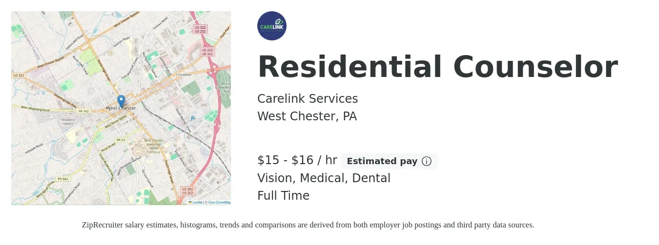 Carelink Services job posting for a Residential Counselor in West Chester, PA with a salary of $16 to $17 Hourly and benefits including dental, life_insurance, medical, retirement, and vision with a map of West Chester location.