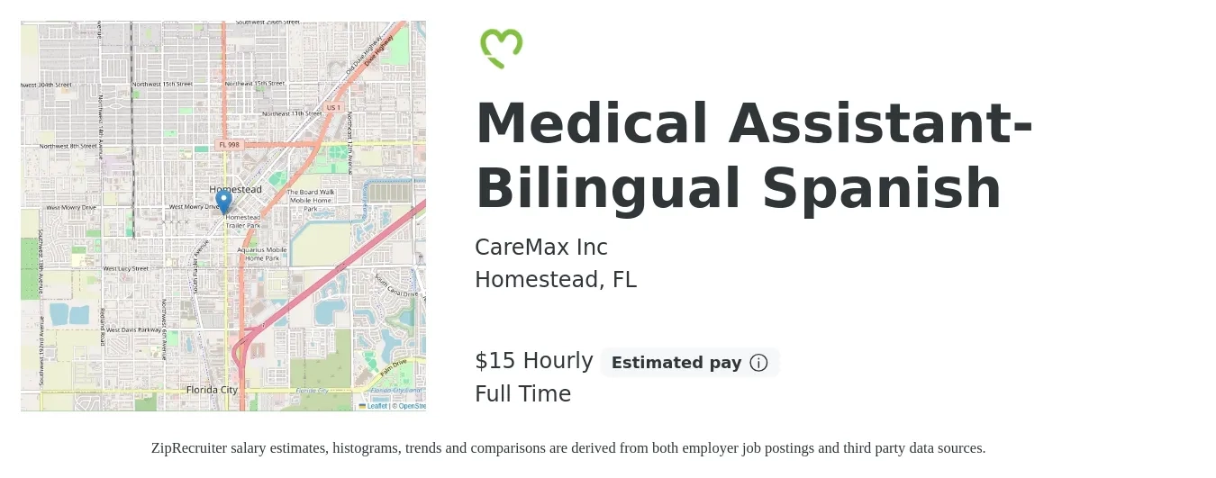 CareMax Inc job posting for a Medical Assistant - Bilingual Spanish in Homestead, FL with a salary of $16 Hourly with a map of Homestead location.