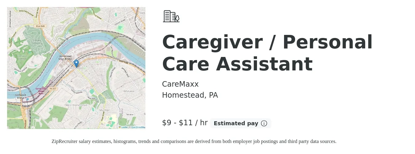 CareMaxx job posting for a Caregiver / Personal Care Assistant in Homestead, PA with a salary of $10 to $12 Hourly with a map of Homestead location.