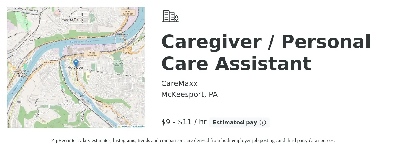 CareMaxx job posting for a Caregiver / Personal Care Assistant in McKeesport, PA with a salary of $10 to $12 Hourly with a map of McKeesport location.