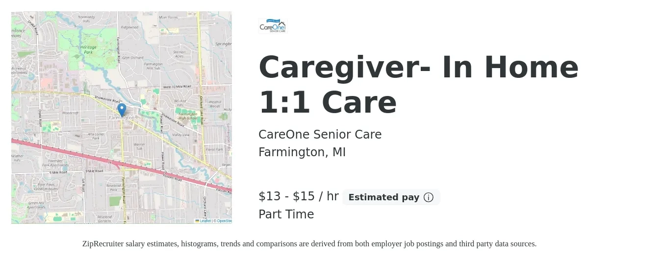 CareOne Senior Care job posting for a Caregiver- In Home 1:1 Care in Farmington, MI with a salary of $14 to $16 Hourly with a map of Farmington location.