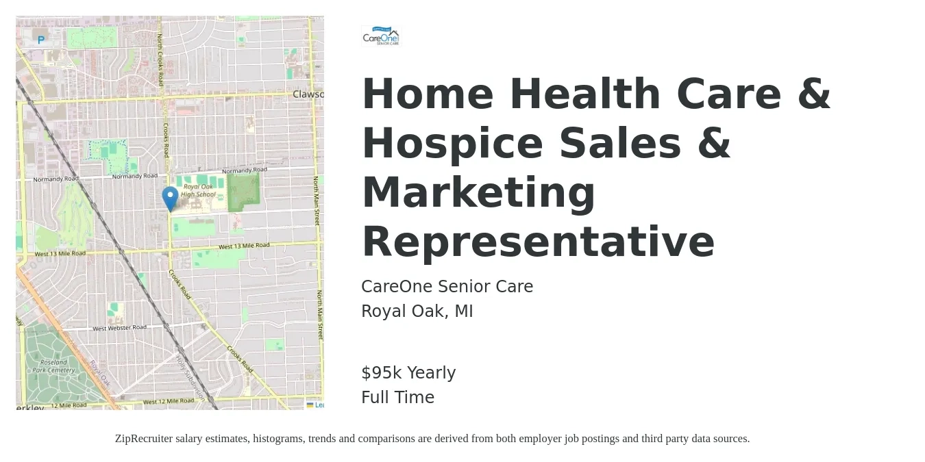 CareOne Senior Care job posting for a Home Health Care & Hospice Sales & Marketing Representative in Royal Oak, MI with a salary of $28,500 to $80,000 Yearly with a map of Royal Oak location.