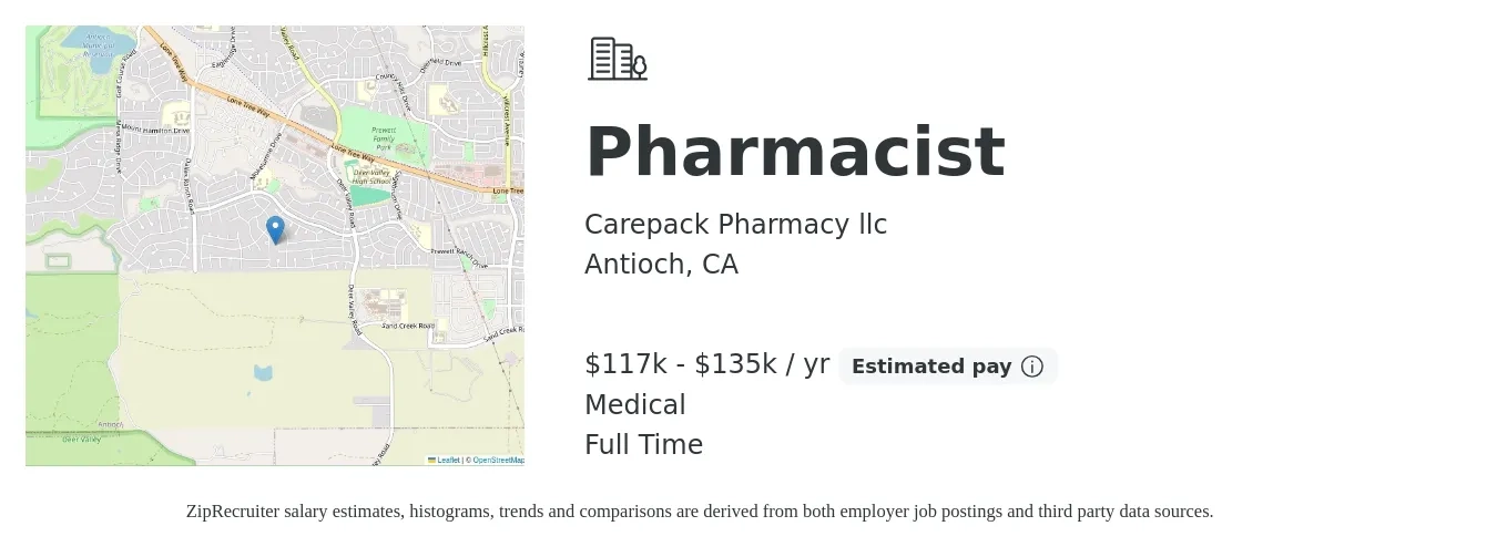 Carepack Pharmacy llc job posting for a Pharmacist in Antioch, CA with a salary of $117,000 to $135,000 Yearly and benefits including medical with a map of Antioch location.