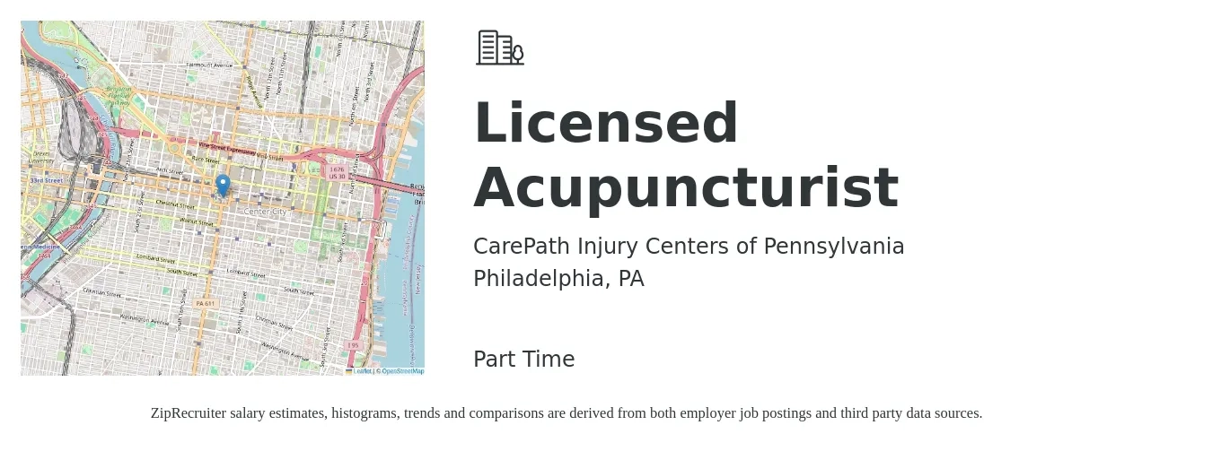 CarePath Injury Centers of Pennsylvania job posting for a Licensed Acupuncturist in Philadelphia, PA with a salary of $35 to $45 Hourly with a map of Philadelphia location.