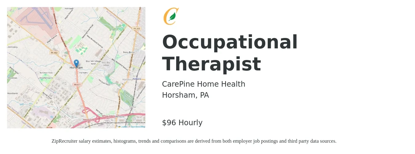 CarePine Home Health job posting for a Occupational Therapist in Horsham, PA with a salary of $100 Hourly with a map of Horsham location.