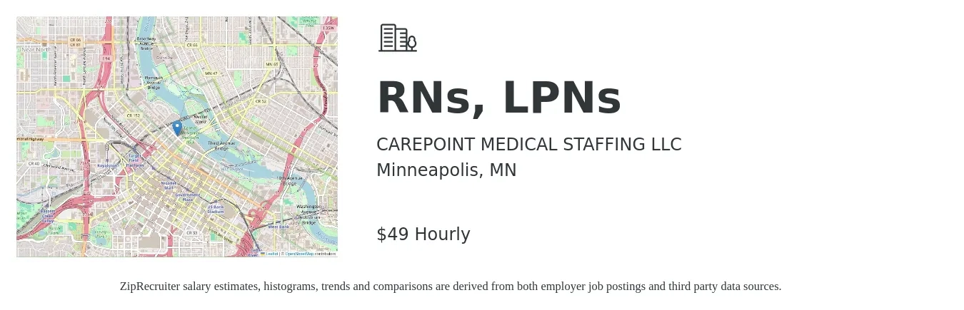 CAREPOINT MEDICAL STAFFING LLC job posting for a RNs, LPNs in Minneapolis, MN with a salary of $51 Hourly with a map of Minneapolis location.