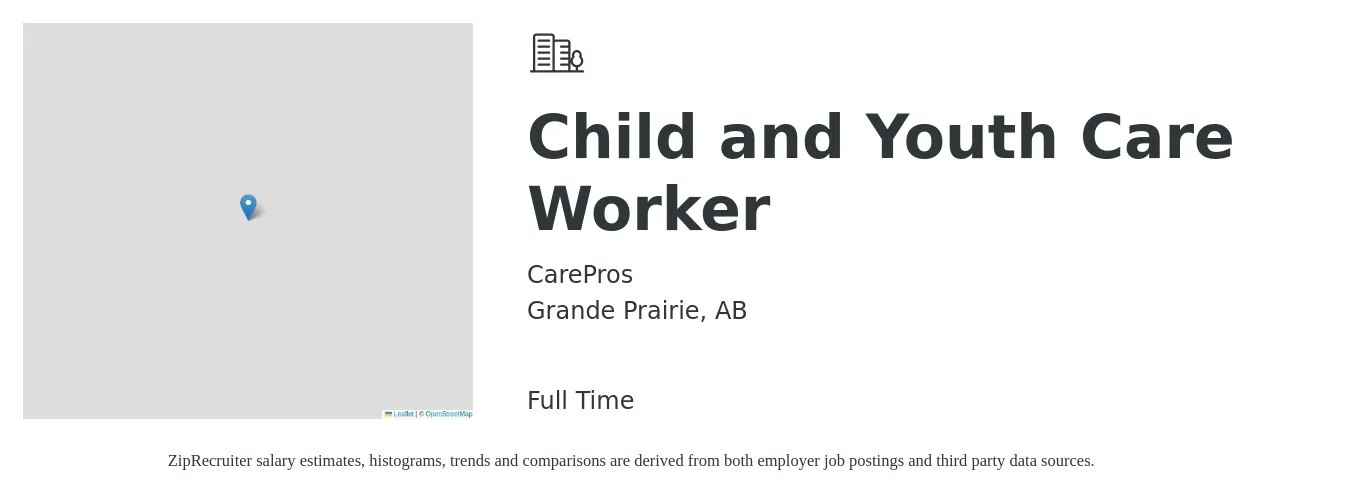 CarePros job posting for a Child and Youth Care Worker in Grande Prairie, AB with a map of Grande Prairie location.