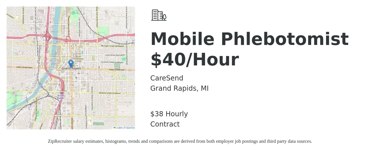 Caresend job posting for a Mobile Phlebotomist $40/Hour in Grand Rapids, MI with a salary of $40 Hourly with a map of Grand Rapids location.