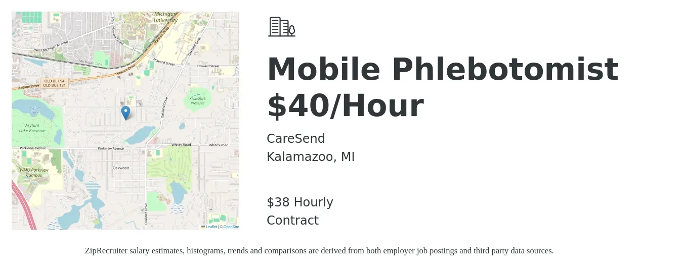 Caresend job posting for a Mobile Phlebotomist $40/Hour in Kalamazoo, MI with a salary of $40 Hourly with a map of Kalamazoo location.