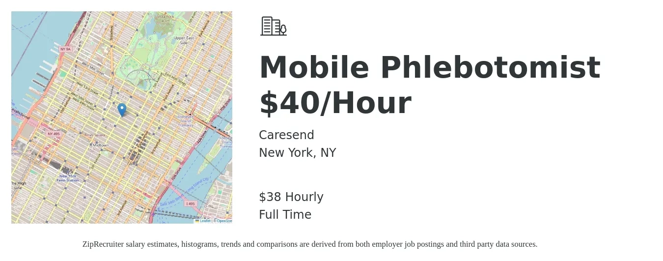 Caresend job posting for a Mobile Phlebotomist $40/Hour in New York, NY with a salary of $40 Hourly with a map of New York location.