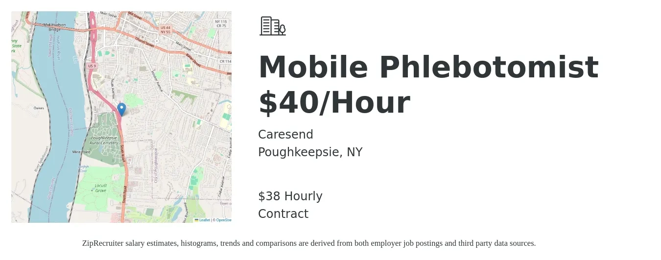 Caresend job posting for a Mobile Phlebotomist $40/Hour in Poughkeepsie, NY with a salary of $40 Hourly with a map of Poughkeepsie location.
