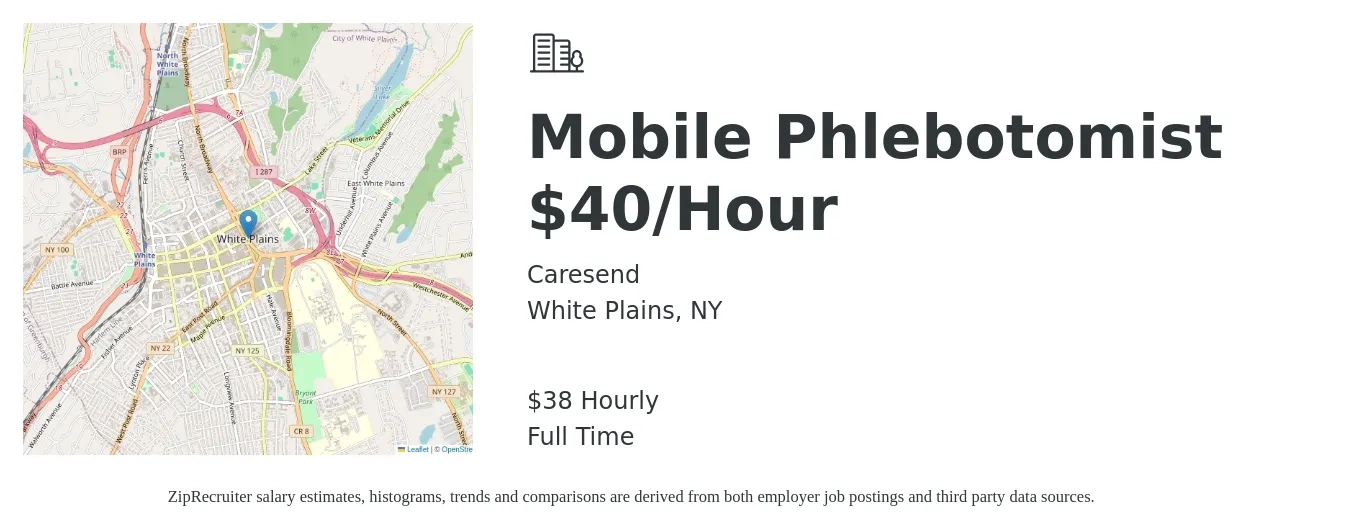 CareSend job posting for a Mobile Phlebotomist $40/Hour in White Plains, NY with a salary of $40 Hourly with a map of White Plains location.