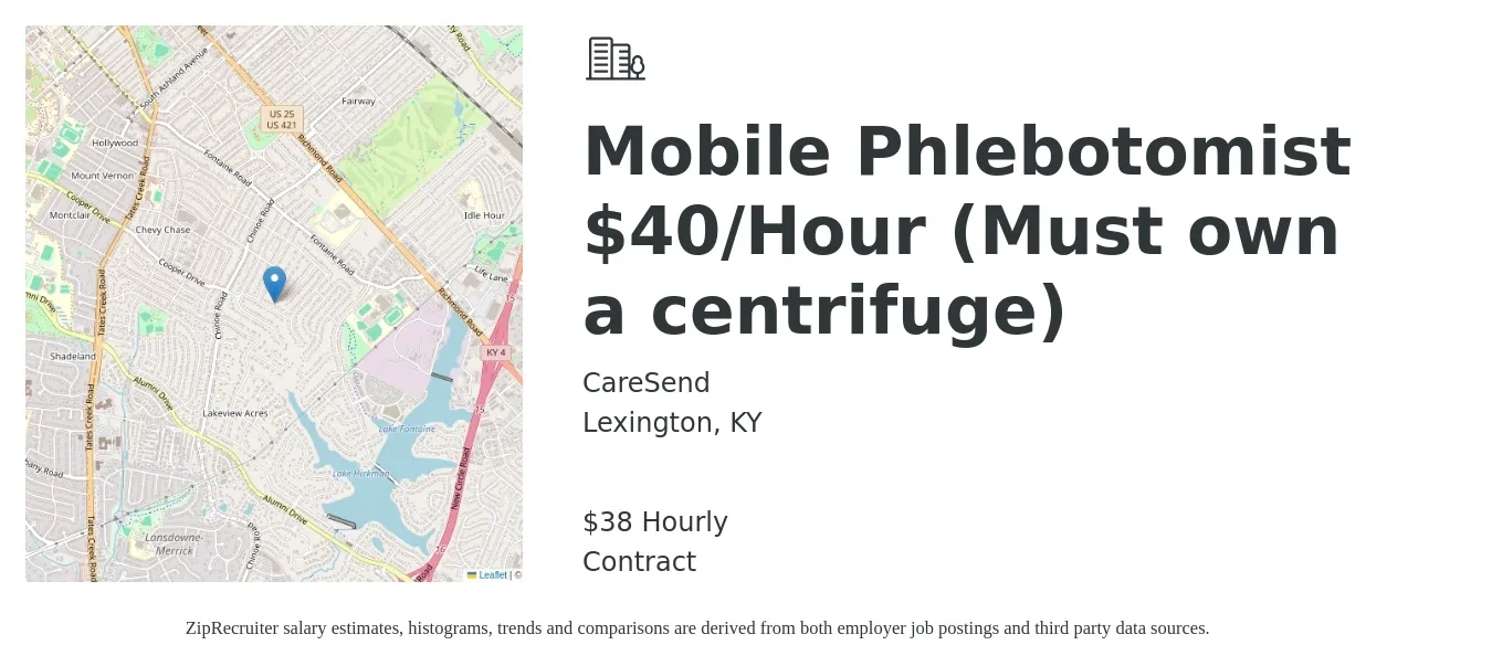 Caresend job posting for a Mobile Phlebotomist $40/Hour (Must own a centrifuge) in Lexington, KY with a salary of $40 Hourly with a map of Lexington location.