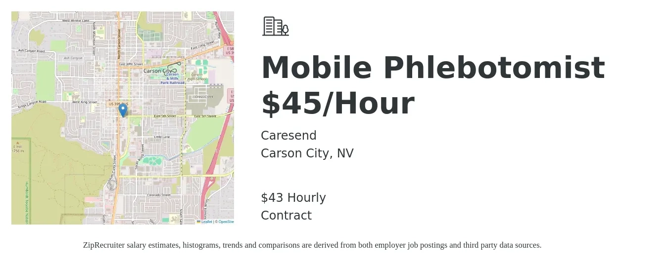 Caresend job posting for a Mobile Phlebotomist $45/Hour in Carson City, NV with a salary of $45 Hourly with a map of Carson City location.