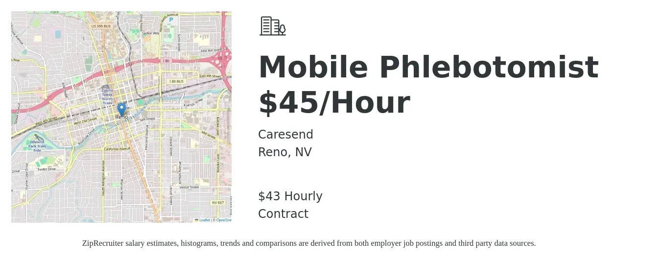 Caresend job posting for a Mobile Phlebotomist $45/Hour in Reno, NV with a salary of $45 Hourly with a map of Reno location.