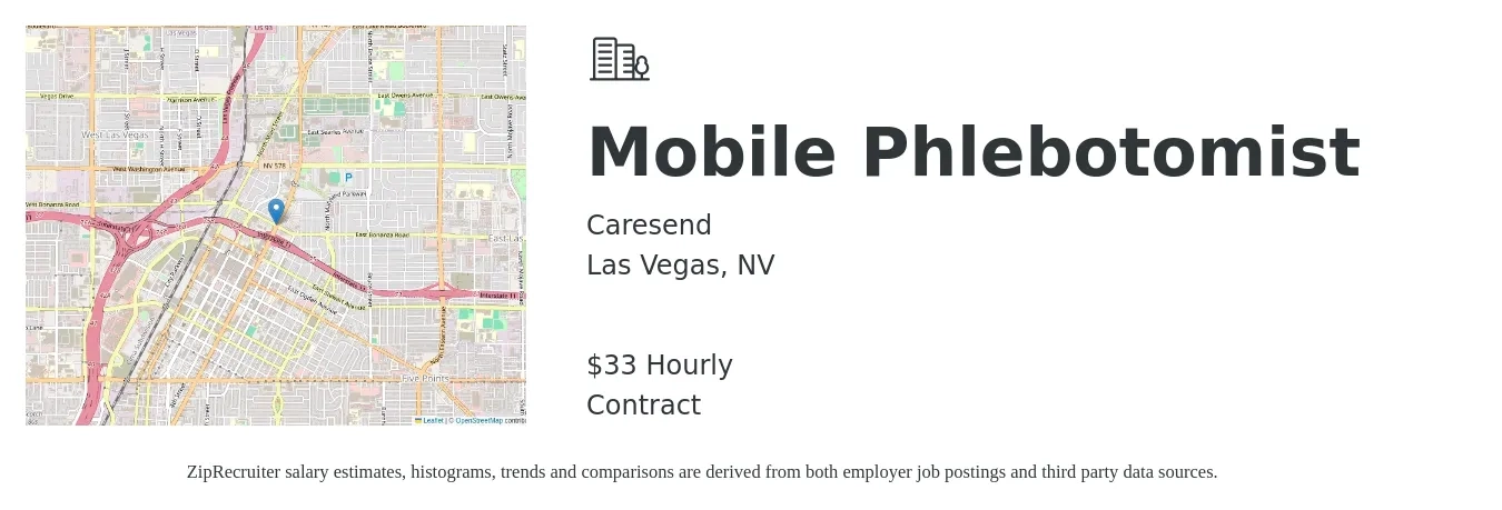 CareSend job posting for a Mobile Phlebotomist in Las Vegas, NV with a salary of $35 Hourly with a map of Las Vegas location.