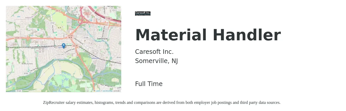 Caresoft Inc. job posting for a Material Handler in Somerville, NJ with a salary of $17 to $21 Hourly with a map of Somerville location.