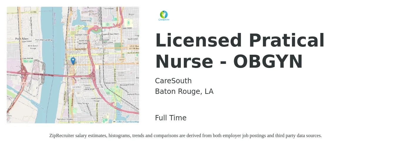 CareSouth job posting for a Licensed Pratical Nurse - OBGYN in Baton Rouge, LA with a salary of $20 to $28 Hourly with a map of Baton Rouge location.
