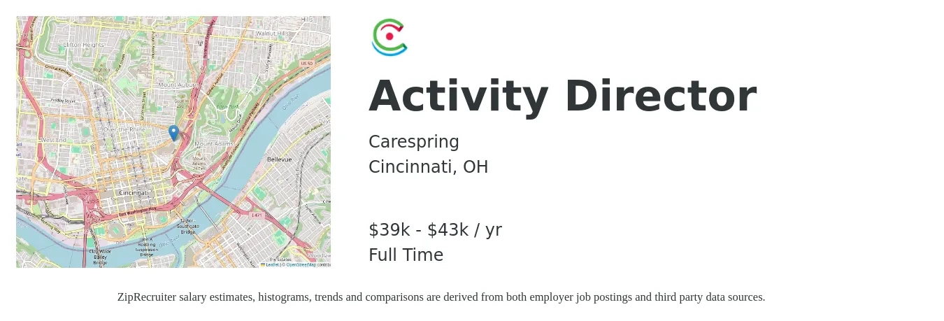 Carespring job posting for a Activity Director in Cincinnati, OH with a salary of $38,000 to $40,000 Yearly with a map of Cincinnati location.
