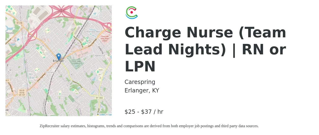 Carespring job posting for a Charge Nurse (Team Lead Nights) | RN or LPN in Erlanger, KY with a salary of $27 to $39 Hourly with a map of Erlanger location.