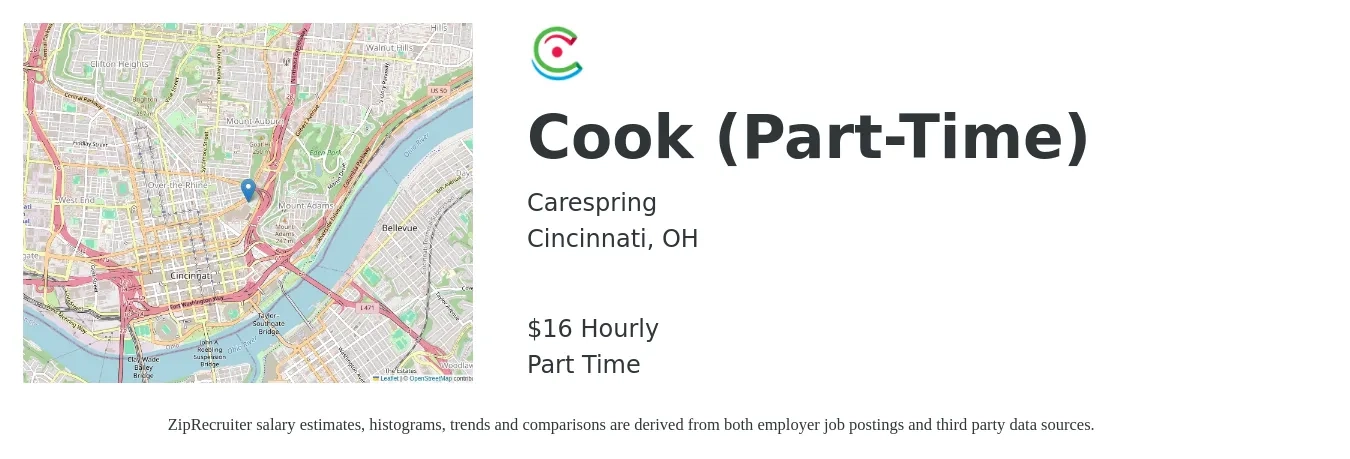 Carespring job posting for a Cook (Part-Time) in Cincinnati, OH with a salary of $17 Hourly with a map of Cincinnati location.