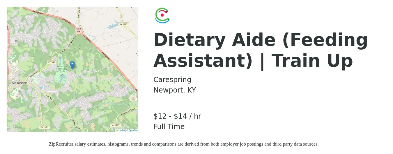 Carespring job posting for a Dietary Aide (Feeding Assistant) | Train Up in Newport, KY with a salary of $13 to $16 Yearly with a map of Newport location.