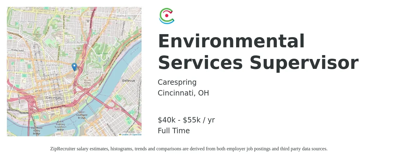 Carespring job posting for a Environmental Services Supervisor in Cincinnati, OH with a salary of $40,000 to $55,000 Yearly with a map of Cincinnati location.