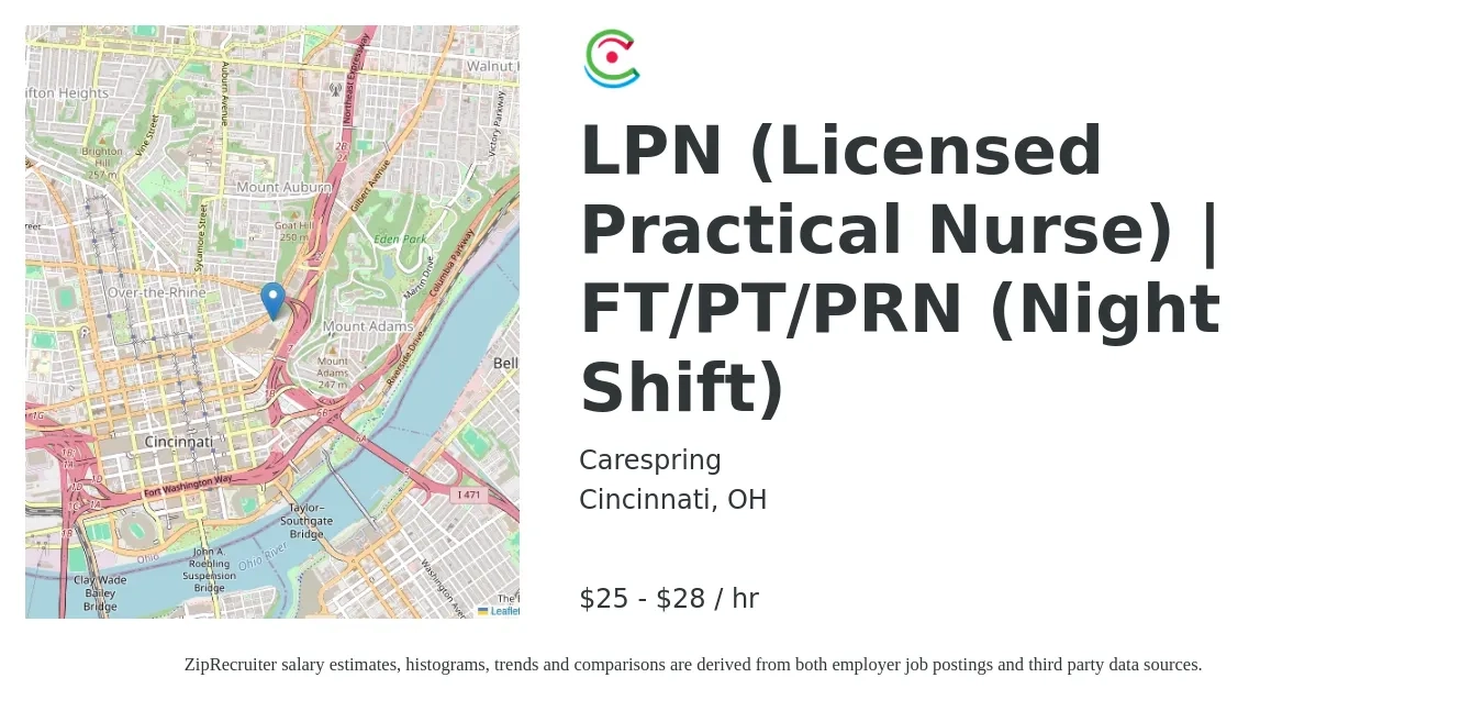 Carespring job posting for a LPN (Licensed Practical Nurse) | FT/PT/PRN (Night Shift) in Cincinnati, OH with a salary of $26 to $30 Hourly with a map of Cincinnati location.