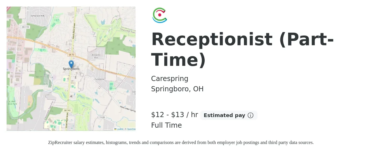 Carespring job posting for a Receptionist (Part-Time) in Springboro, OH with a salary of $12 to $14 Hourly with a map of Springboro location.