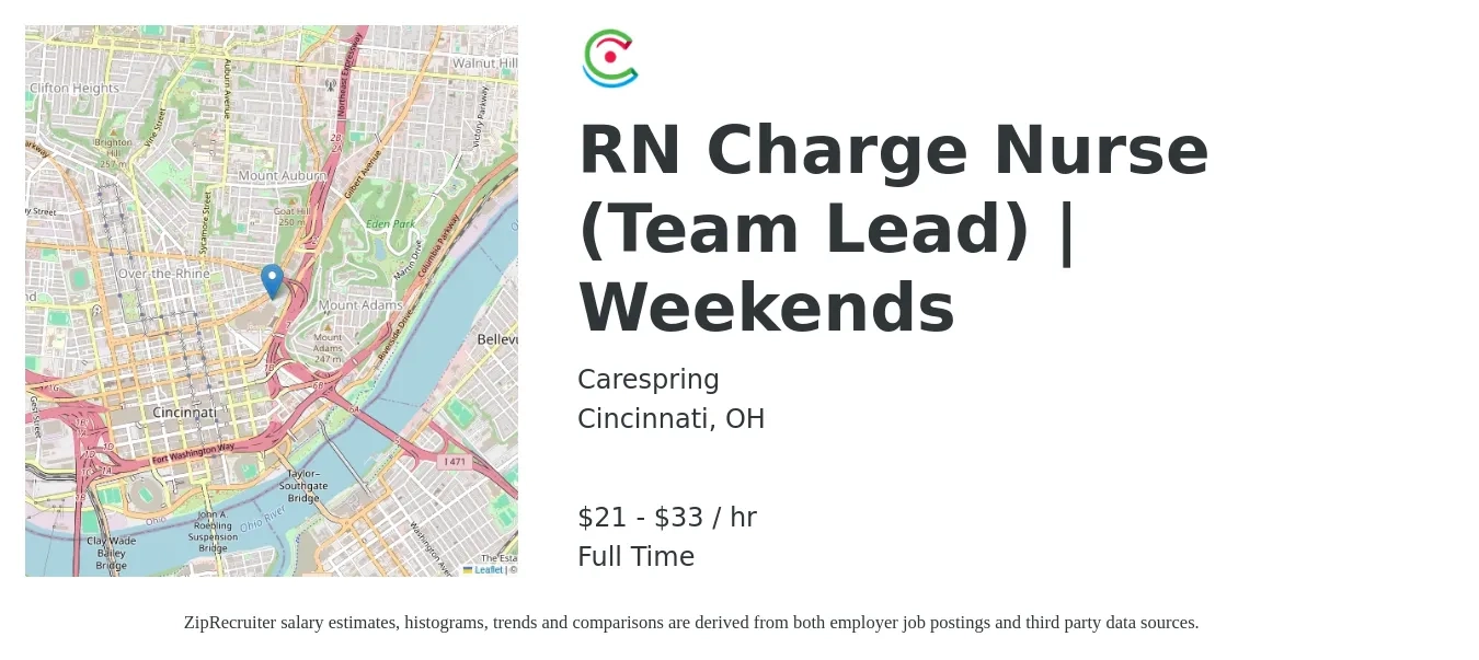 Carespring job posting for a RN Charge Nurse (Team Lead) | Weekends in Cincinnati, OH with a salary of $26 to $38 Yearly with a map of Cincinnati location.