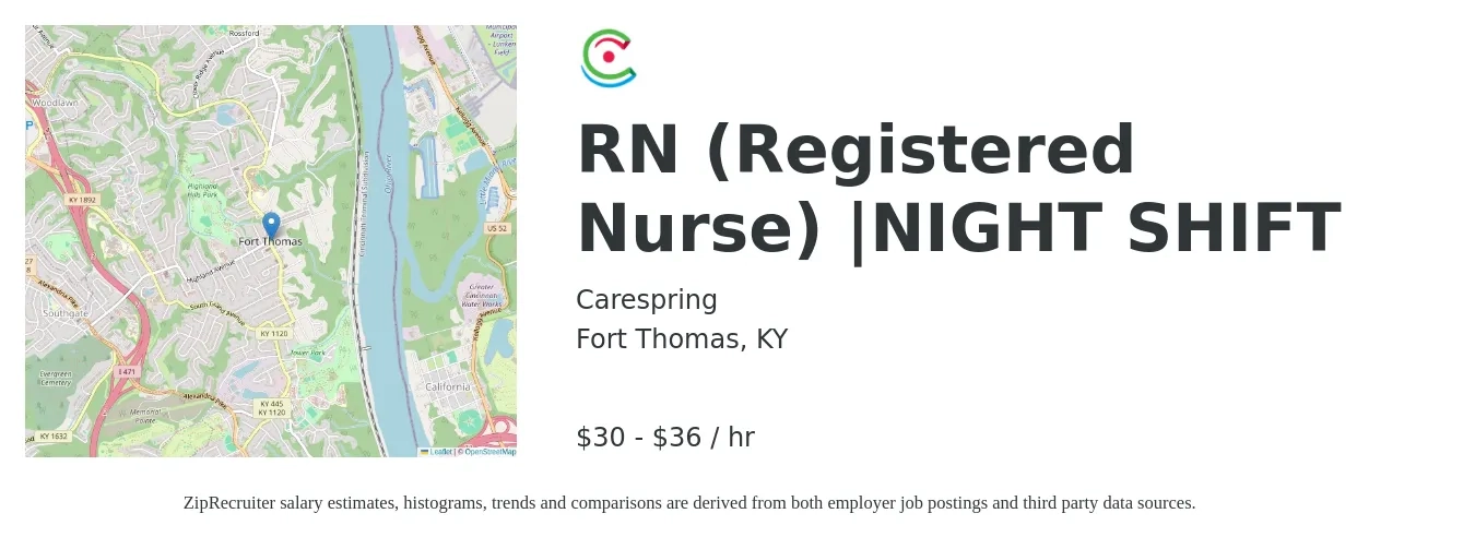 Carespring job posting for a RN (Registered Nurse) |NIGHT SHIFT in Fort Thomas, KY with a salary of $32 to $38 Hourly with a map of Fort Thomas location.