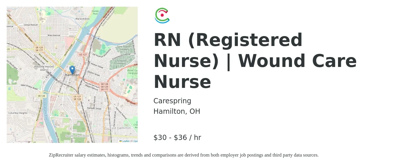 Carespring job posting for a RN (Registered Nurse) | Wound Care Nurse in Hamilton, OH with a salary of $32 to $38 Hourly with a map of Hamilton location.