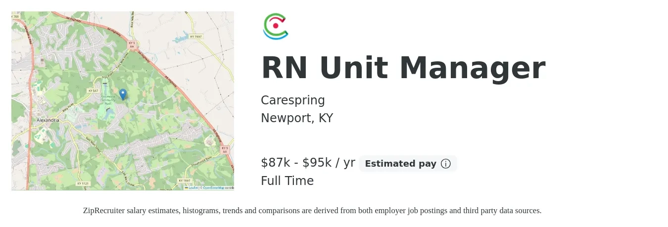 Carespring job posting for a RN Unit Manager in Newport, KY with a salary of $87,500 to $95,000 Yearly with a map of Newport location.