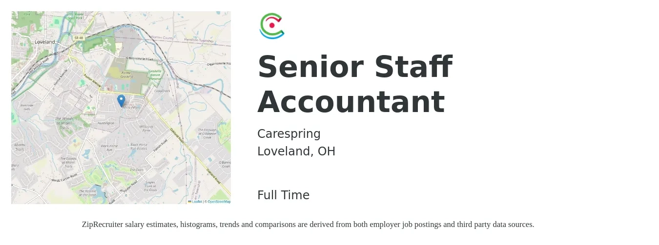 Carespring job posting for a Senior Staff Accountant in Loveland, OH with a salary of $65,000 to $85,000 Yearly with a map of Loveland location.