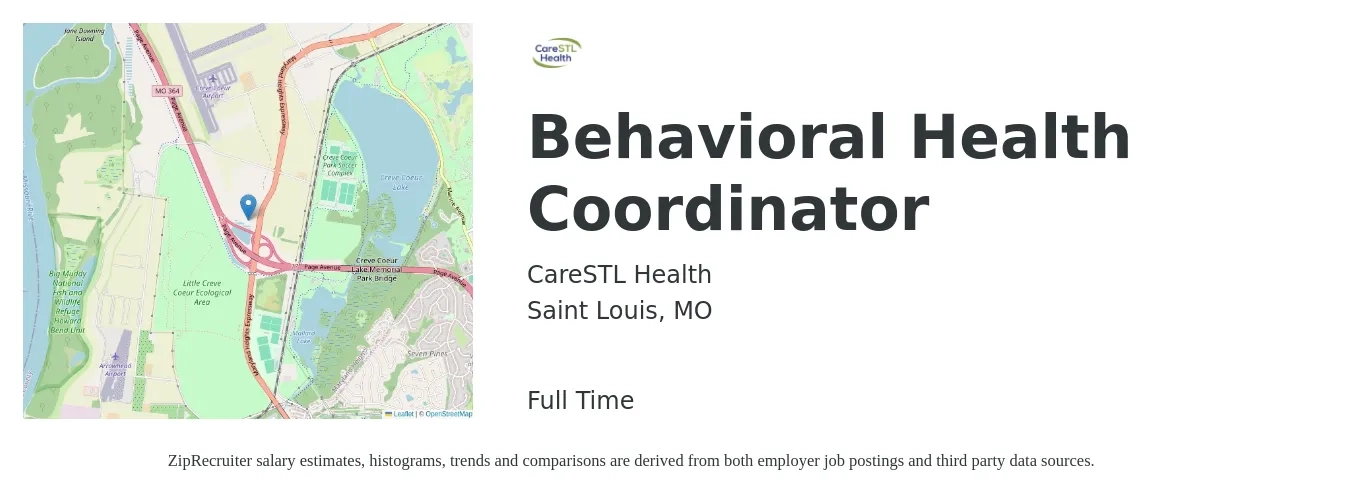 CareSTL Health job posting for a Behavioral Health Coordinator in Saint Louis, MO with a salary of $20 to $32 Hourly with a map of Saint Louis location.