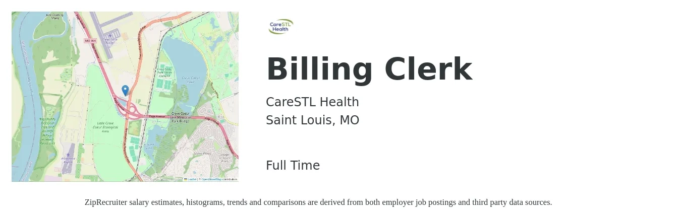 CareSTL Health job posting for a Billing Clerk in Saint Louis, MO with a salary of $18 to $23 Hourly with a map of Saint Louis location.